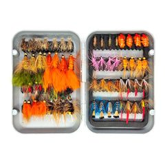 Kylebooker 64 st Flugor Öring Steelhead Laxfiske Flugor Taggade hullinglösa flugkrokar Inkluderar torra våta flugor Nymfer Streamers Ägg, flugluresats med flugask