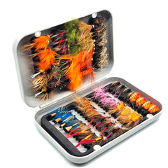 Kylebooker 64 st Flugor Öring Steelhead Laxfiske Flugor Taggade hullinglösa flugkrokar Inkluderar torra våta flugor Nymfer Streamers Ägg, flugluresats med flugask