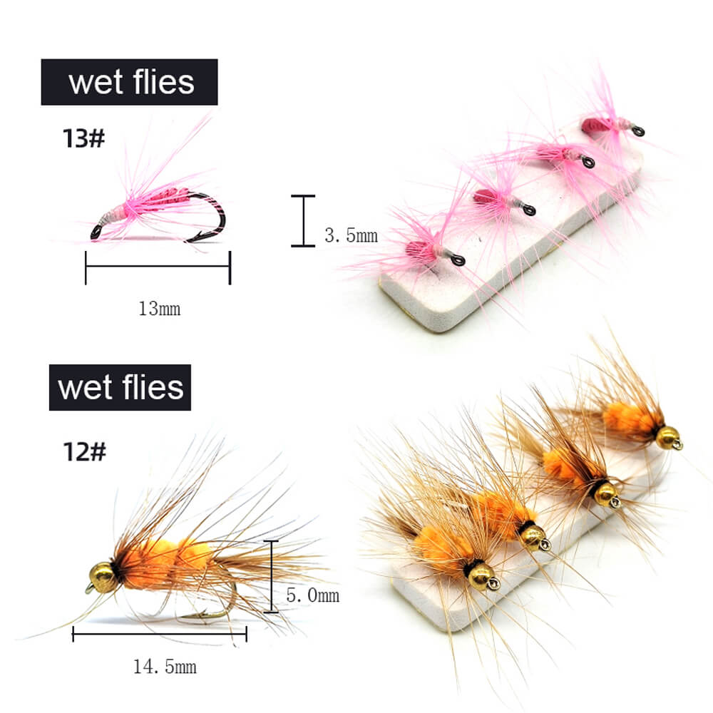 Kylebooker 64pcs Flies Trout Steelhead Salmon Fishing Flies Barbed Barbless Fly Hooks Include Dry Wet Flies Nymphs Streamers Eggs, Fly Lure Kit with Fly Box