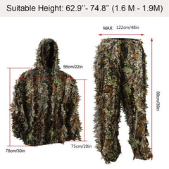 Ghillie Suit Camouflage Hunting Suits Outdoor 3D Leaf Lifelike Camo Clothing Lightweight Breathable Hooded Apparel Suit for Jungle Shooting Airsoft Woodland Photography