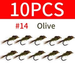 Kylebooker 10 peças cabeça de contas lebres orelha ninfa mosca faisão cauda isca artificial ninfa truta iscas pesca com mosca