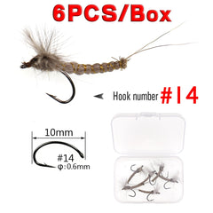 Kylebooker 6PCS #10#12 #14 CDC Feather Wing Mayfly Deer Hair Body Dry Fly Rocky River Trout Fishing Flies Bait Lure