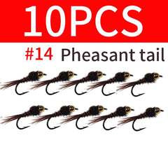 Kylebooker 10 peças cabeça de contas lebres orelha ninfa mosca faisão cauda isca artificial ninfa truta iscas pesca com mosca