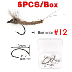 Kylebooker 6 sztuk #10 #12 #14 CDC pióro skrzydło Mayfly sierść jelenia ciało sucha mucha skalista rzeka pstrąg muchy wędkarskie przynęta przynęta