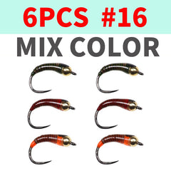 Kylebooker 6pcs Sinking Perdigone Nymph Bead Head Peacock Quill Perdigone Nymph Fly Trout Fishing Lure Baits