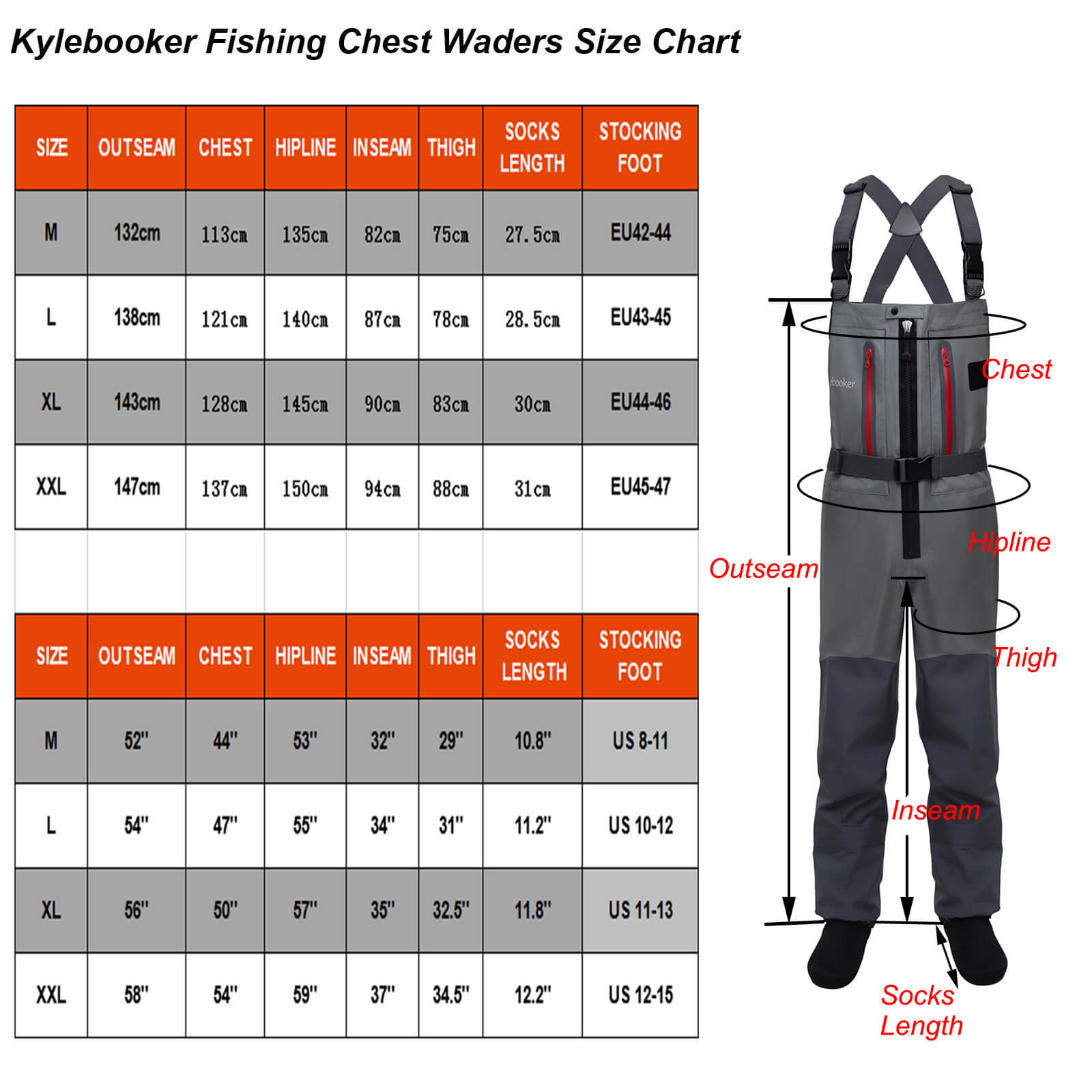 Kylebooker Five Layer Fabric Breathable Stockingfoot Chest Waders KB008