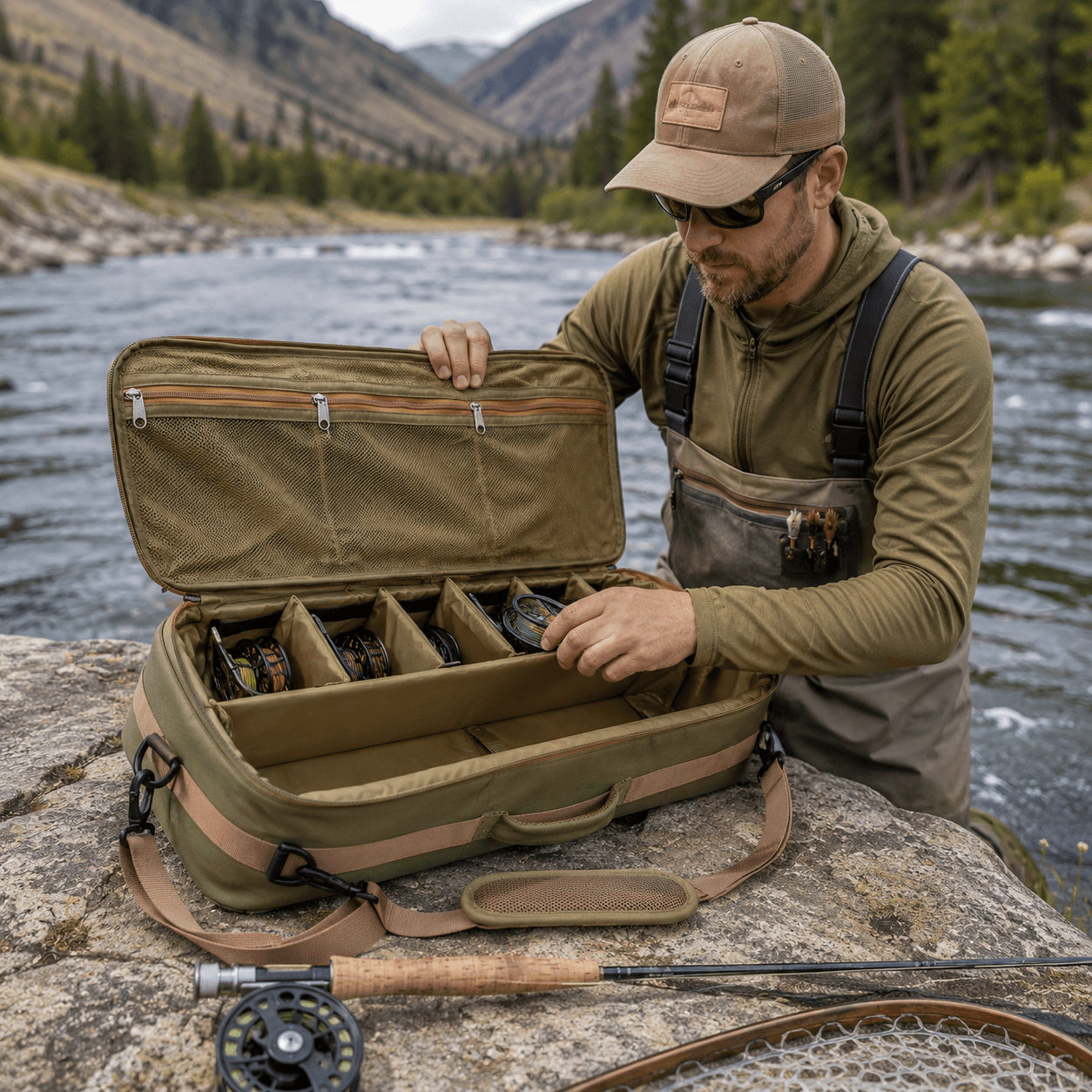 Kylebooker RB03 Custodia per canna da pesca a mosca e borsa per attrezzi, può contenere fino a 4 canne da pesca, telaio a nido d'ape resistente