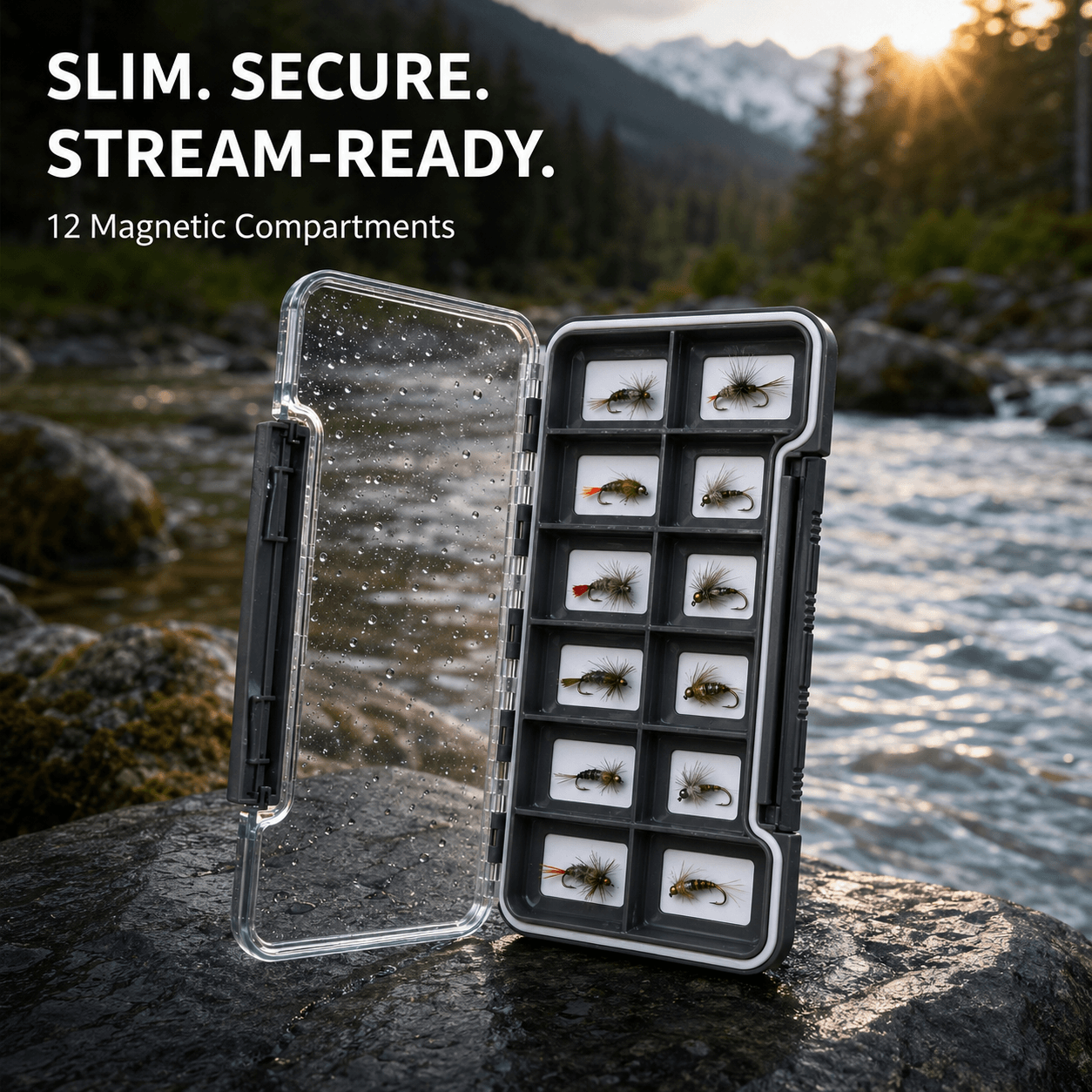 Kylebooker Super Slim Magnetic Back Waterproof Fly Fishing Box: 12 Compartments