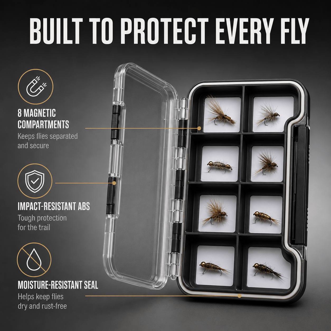 Kylebooker Super Slim Magnetic Back Waterproof Fly Fishing Box: 8 Compartments