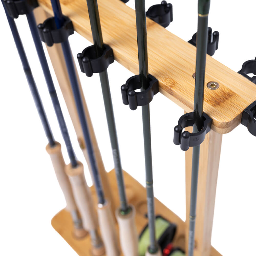 Kylebooker RH02 Fishing Rod Storage Racks, 100% Bamboo Floor Stand Fishing Pole Holders for Garage of 14 Rods or Combos