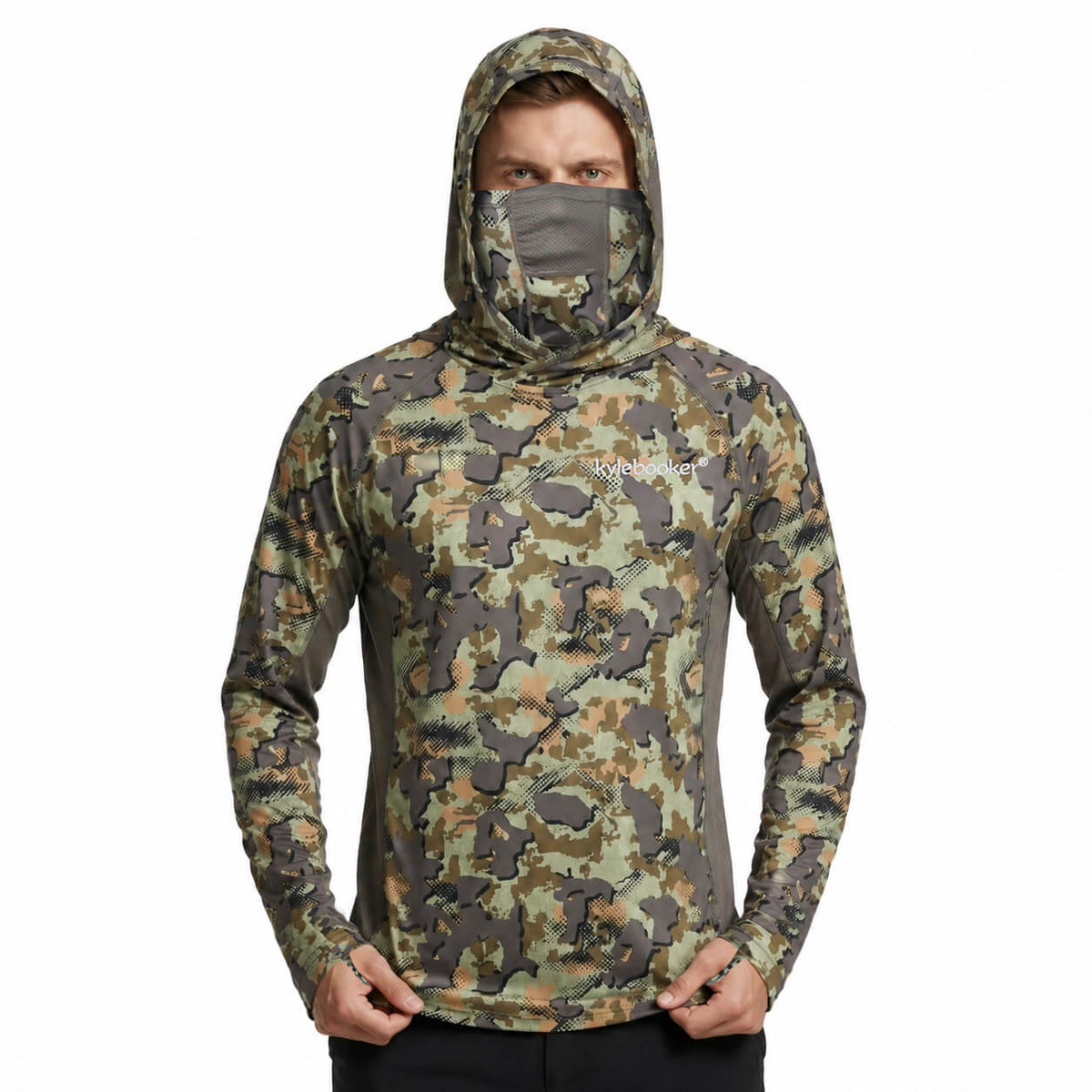 Kylebooker UPF 50+ Men’s Fishing Hoodie Shirts with Mask Camo UV Long Sleeve Moisture Wicking