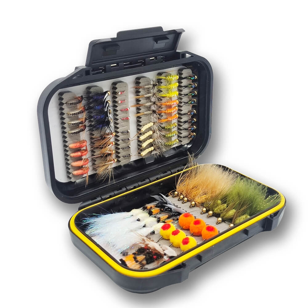 bass fishing fly boxes Kylebooker 64pcs Flies Trout Steelhead Salmon Fishing Flies Barbed Barbless Fly Hooks Include Dry Wet Flies Nymphs Streamers Eggs, Fly Lure Kit with