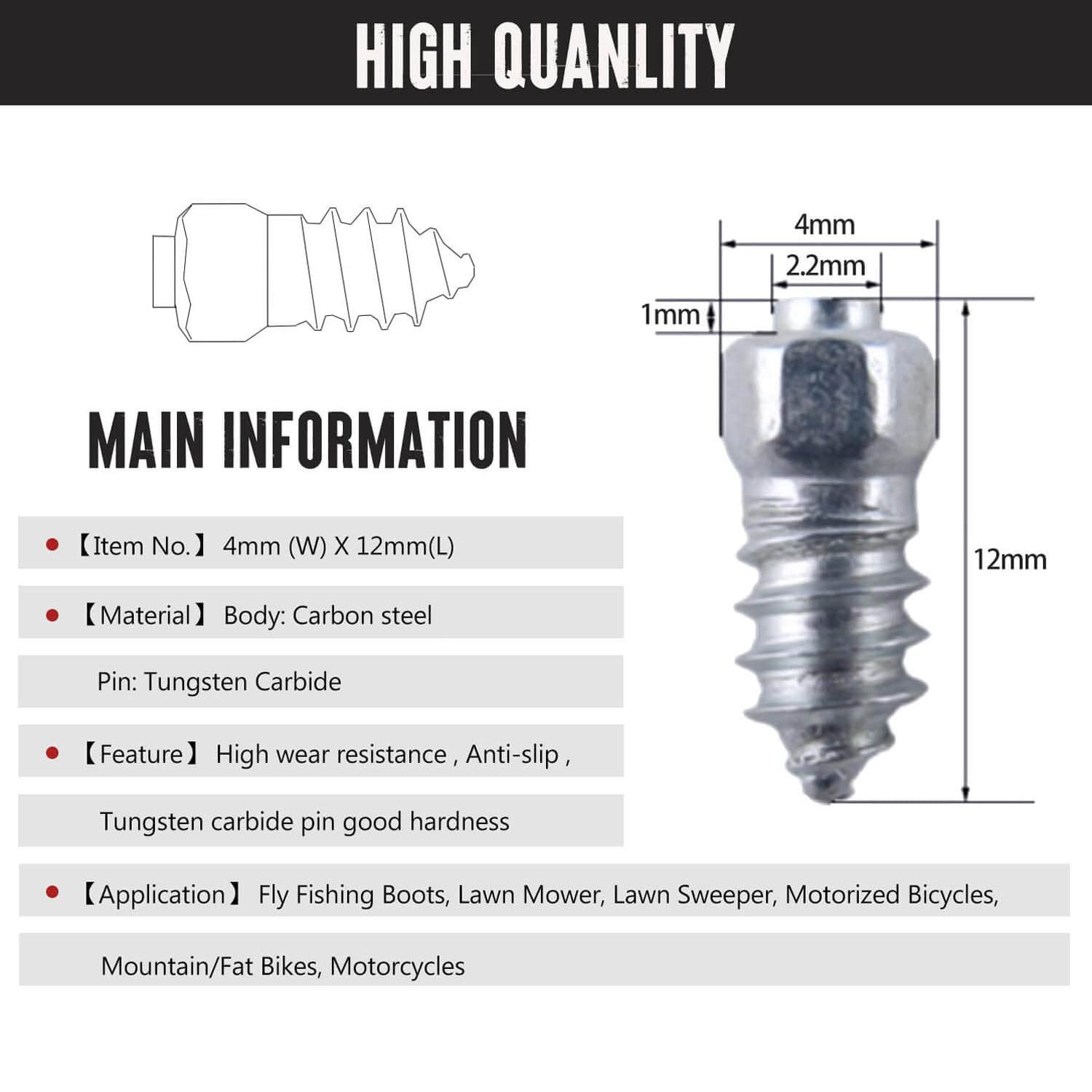 Kylebooker 100pcs Tire Studs Screw in Tire Studs for Wading/Running/Fly Fishing Boots,Running ShoesFat/Snow Bike,Lawnmower,Lawn Sweeper，snowblower,Small Tractor,ATV,UTV,Motorcycle