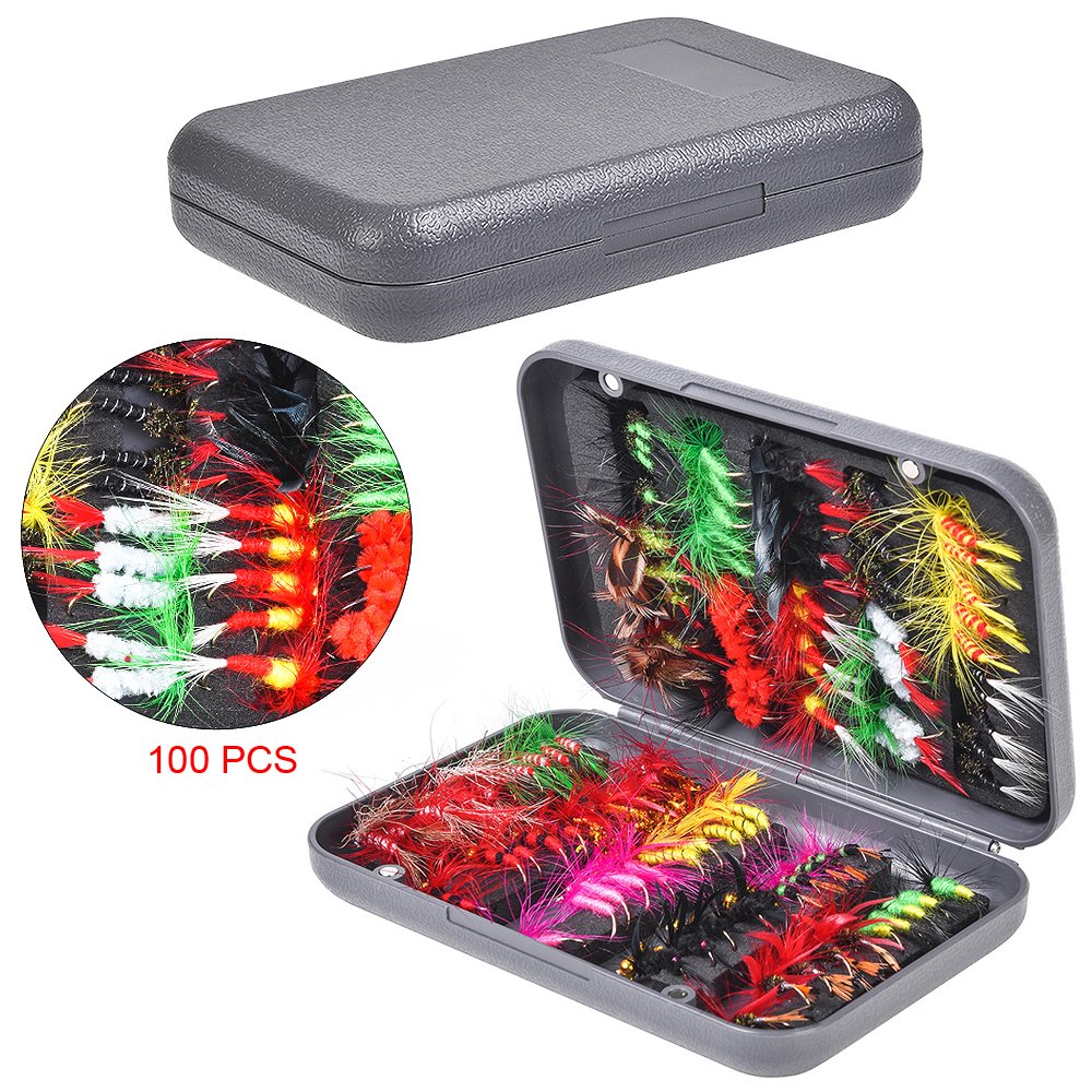 Kylebooker Fly Fishing 100pcs Flies Kit wet/dry Flies nymphs butterflies streamers