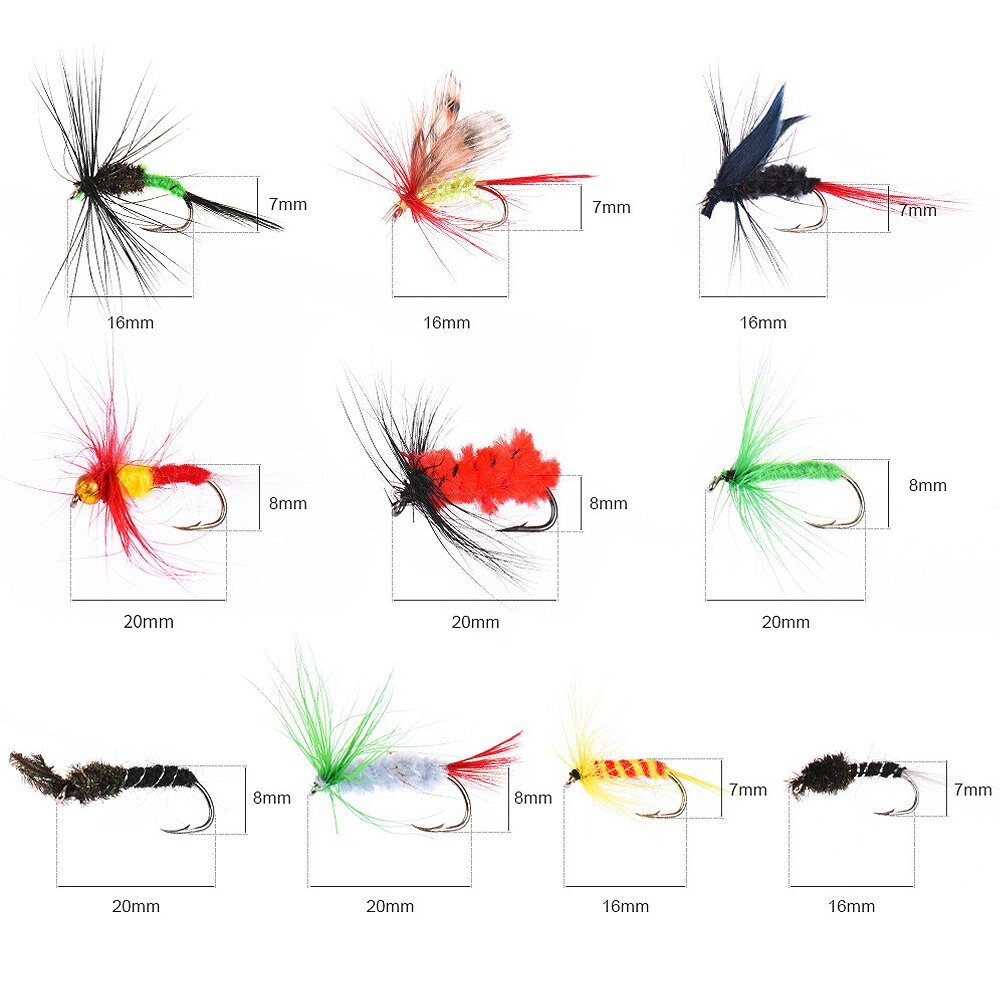 Kylebooker Fliegenfischen, 100-teiliges Fliegen-Set, Nass-/Trockenfliegen, Nymphen, Schmetterlinge, Luftschlangen