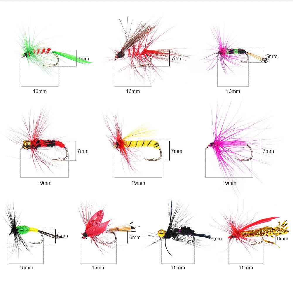 Kylebooker Fly Fishing 100pcs Kit de moscas molhadas/secas moscas ninfas borboletas serpentinas