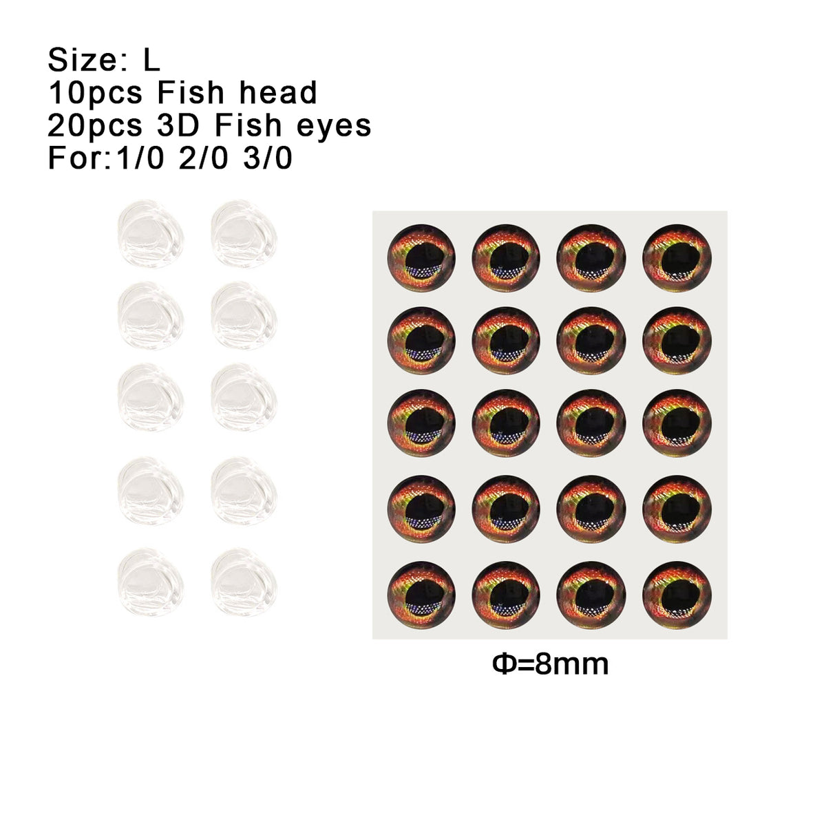 Kylebooker 10 kpl Perhositova kalakallopää Streamer-perhoille 4mm/6mm/8mm Materiaali Vieheen sidontasyötti Kalastusperhojen tekeminen silmäsyötillä