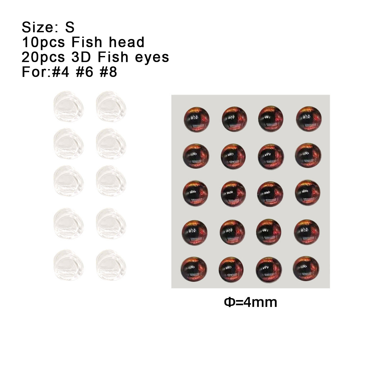 Kylebooker 10 Uds. Cabeza de calavera de pez para atar moscas, Material de 4mm/6mm/8mm, señuelo para atar cebo, hacer pesca con mosca con cebo con ojos