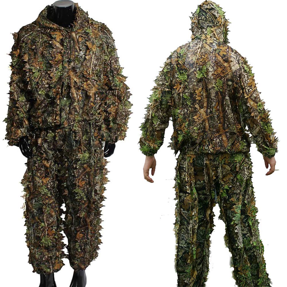 Fato Ghillie Ternos de caça camuflados ao ar livre Folha 3D Roupas camufladas realistas Fato de vestuário leve e respirável com capuz para tiro na selva Airsoft Fotografia de floresta