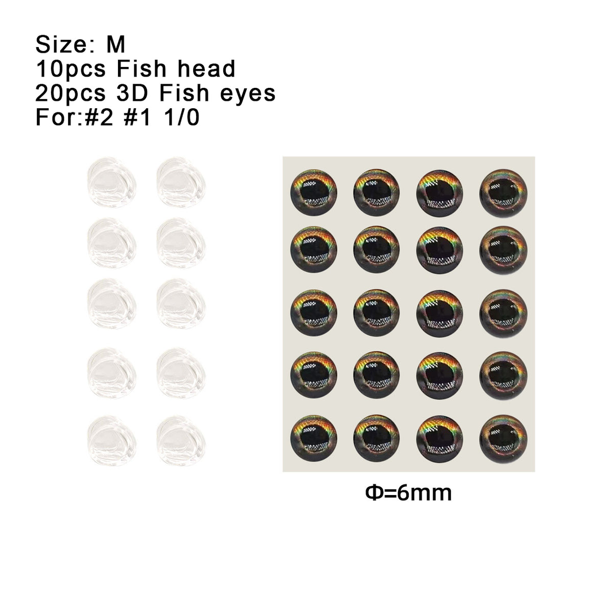 Kylebooker cabeça de caveira de peixe, 10 peças de isca de amarrar mosca para moscas streamer 4mm/6mm/8mm, isca de material que amarra isca de pesca com olhos