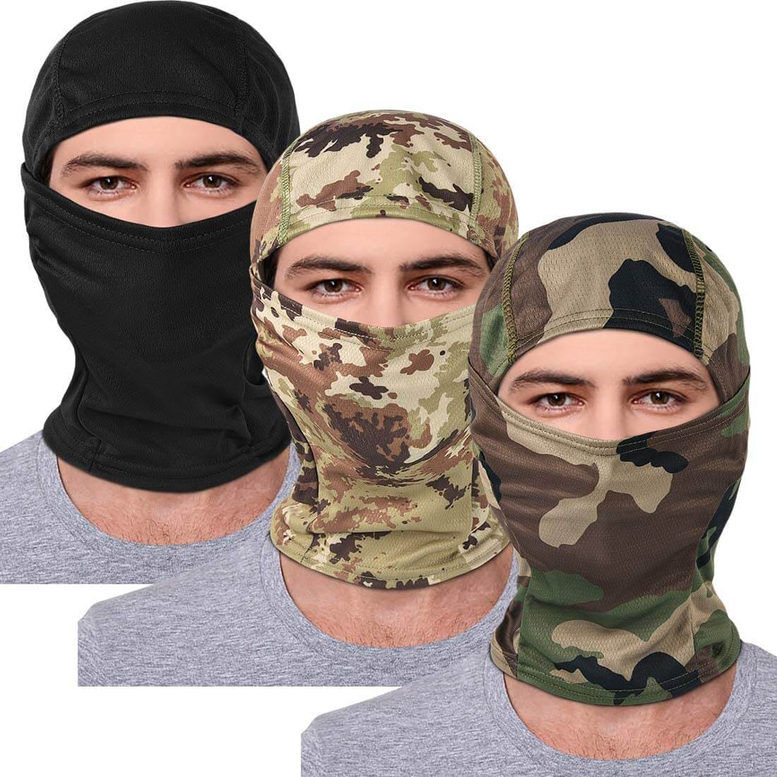 Pasamontañas de camuflaje para cara completa, paquete de 3 pasamontañas, protección UV para hombres y mujeres