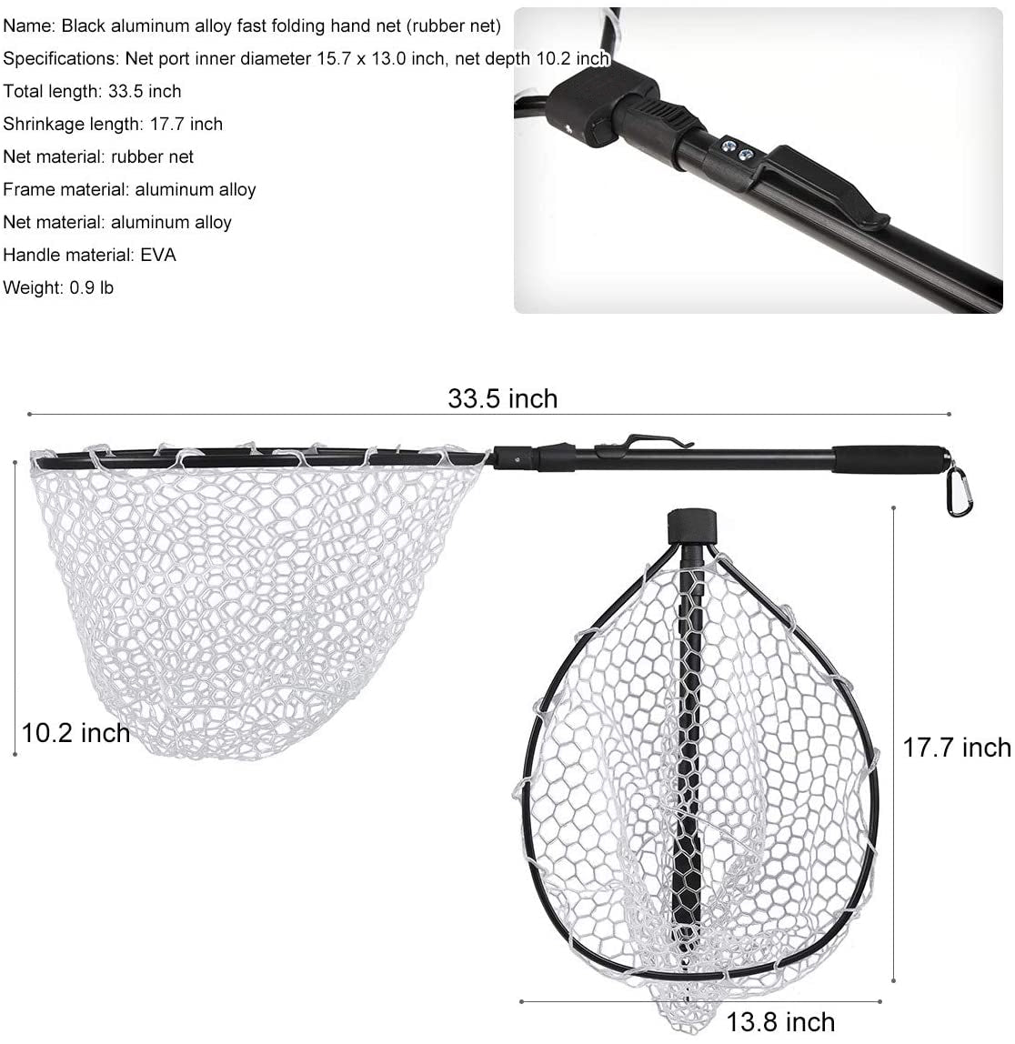 Foldable and Retractable Fishing net Fly Fishing Landing Net Wooden Handle  Rubber/Nylon Landing Handle Trout Mesh Fish Catch Release Scoop Fishing