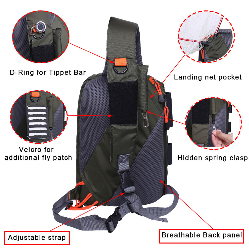 Kylebooker Fly Fishing Sling Packs Fishing Tackle Storage Shoulder Bag SL03 Khaki
