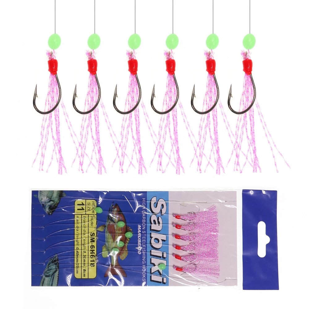 Kylebooker 10 saco 6 moscas rosa pisca-pisca isca coletor makerel sabiki equipamentos de água salgada artificial ganchos de pesca iscas atacado tamanho 8 10 18