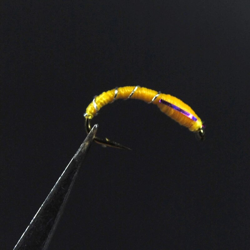 Kylebooker [12PCS] 12# Caddis Larva Chironomid Moscerino Pupa Buzzer Zebra Ninfa Trota Mosche Amo da pesca a mosca Nero Rosso Arancione
