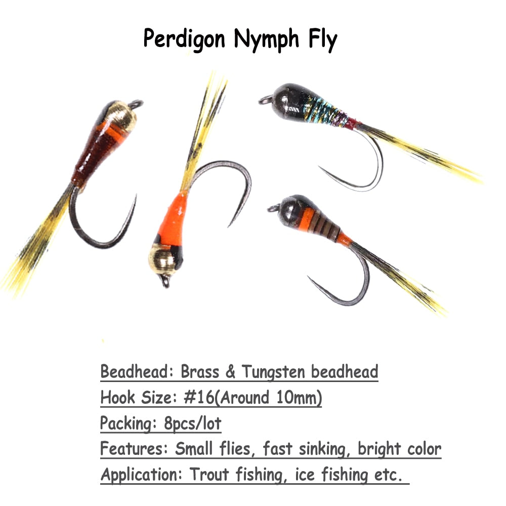 Kylebooker 8 Stück Wolfram-Perdigon-Nymphen-Fliegen-Eis-Angelköder, künstliche, schnell sinkende Messingperlen, Angelfliegen für Forellen-Winterangeln