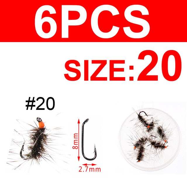 Kylebooker 6PCS Griffith's Gnat Midge Fly Dry Fly Trout Fly Fishing Flies Aas Maat 14 16 18 20