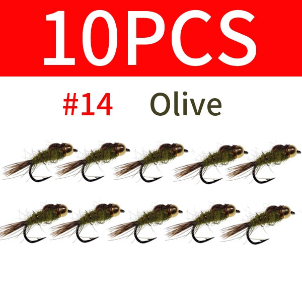 Kylebooker 10PCS Bead Head Hares Ear Nymph Fly Pheasant Tail Artificial Nymph Bait Trout Lures fly fishing