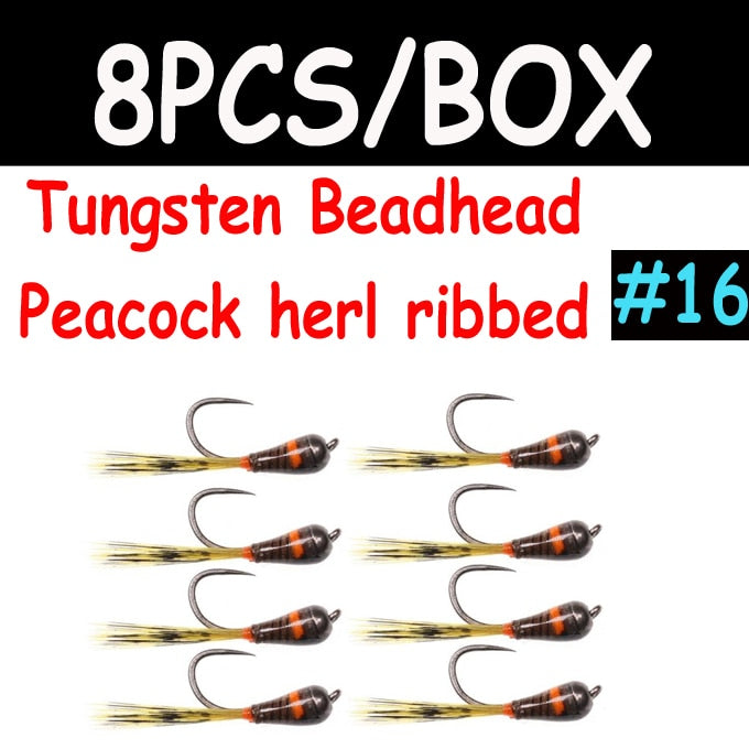 Kylebooker 8 pièces tungstène Perdigon nymphe mouche leurres de pêche sur glace artificiels coulant rapidement perles de laiton mouches de pêche pour la pêche d'hiver à la truite
