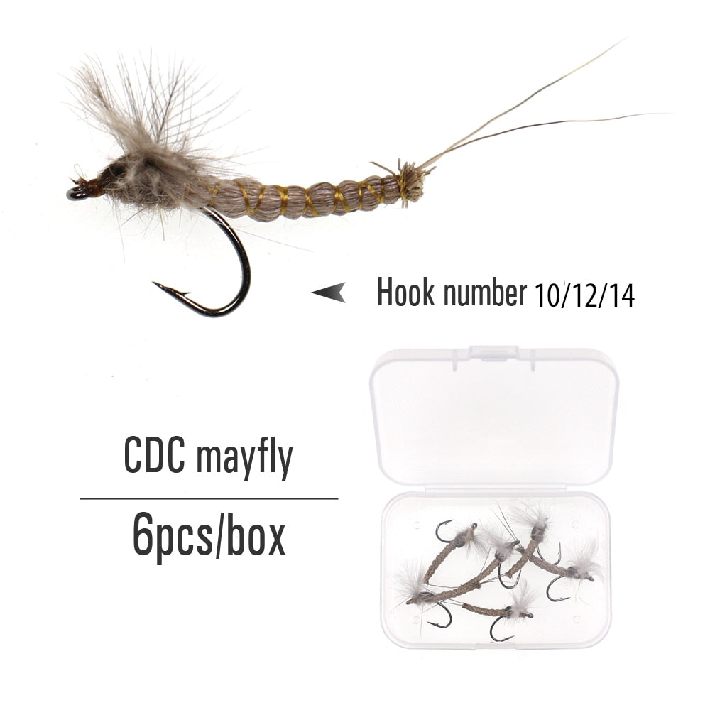 Kylebooker 6 uds #10 #12 #14 CDC ala de plumas Mayfly pelo de venado cuerpo mosca seca río rocoso trucha pesca moscas cebo señuelo