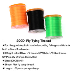 Kylebooker 100Yard 200D UV Big Fly Thread Premium Strong Durable Fly Tying Thread Spool Salmon Bass Flies Tying Thread Material