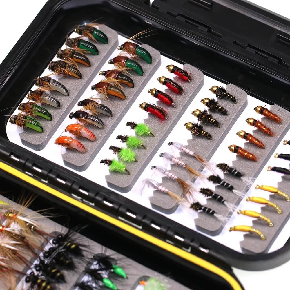 bait box fly fishing Kylebooker Fishing Dry Wet Flies Scud Nymph Midge Larvae Fishing Bait Box Trout Fishing Fly Hook Lures Carp Artificial Bait