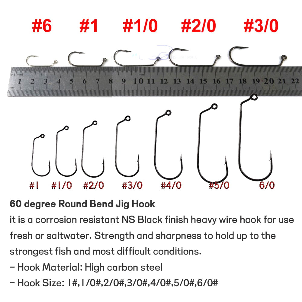 Kylebooker [100PCS/lot] Carbon steel 60 degree jig hook Fishing Hooks 6 1 1/0 2/0 3/0 4/0 5/0 6/0 7/0 8/0