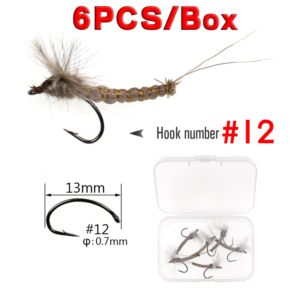 Kylebooker 6PCS #10#12 #14 CDC Feather Wing Mayfly Deer Hair Body Dry Fly Rocky River Trout Fishing Flies Bait Lure