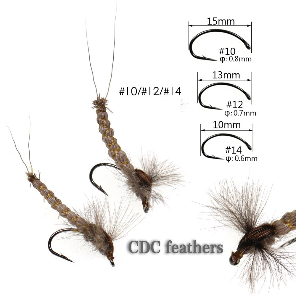 Kylebooker 6 STKS #10 #12 #14 CDC Feather Wing Eendagsvlieg Herten Haar Body Dry Fly Rocky rivier Forel Vissen Vliegt Aas Lokken