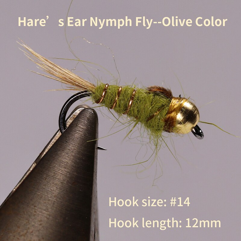 Kylebooker 10PCS Bead Head Hares Ear Ninfa Fly Fagiano Coda Ninfa artificiale Esca Trota Esche da pesca a mosca