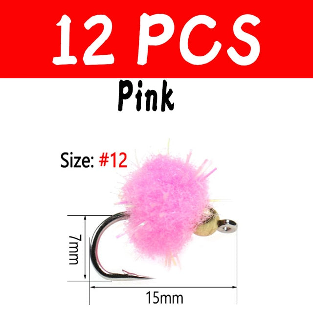 Kylebooker 12pcs Brass Beadhead Trout Egg Fly Crystal glo Ball Bug Fishing Egg Flies Salmon Trout Fly Lures Fishing Lures Tackle