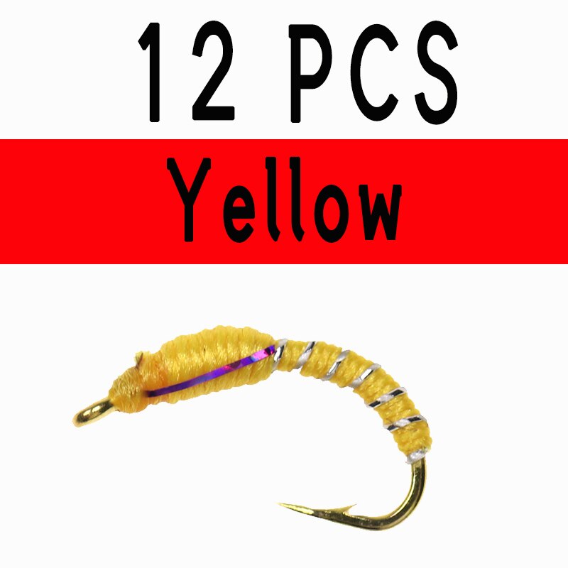 Kylebooker [12PCS] 12# Caddis Larva Chironomid Midge Pupa Buzzer Zebra Nymph Trout Flies Fly fishing Hook Black Red Orange