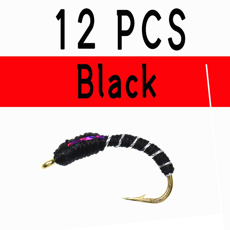 Kylebooker [12 uds] 12 # Caddis Larva Chironomid Midge Pupa zumbador cebra ninfa trucha moscas anzuelo de pesca con mosca negro rojo naranja