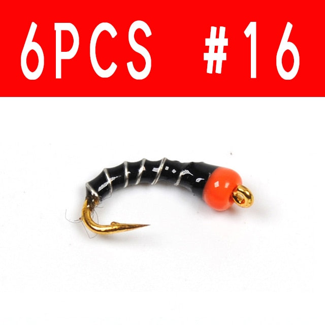 Kylebooker 6PCS #16 Golden Hook Nymph Flies Bead Head Buzzers Fly Fishing Lures