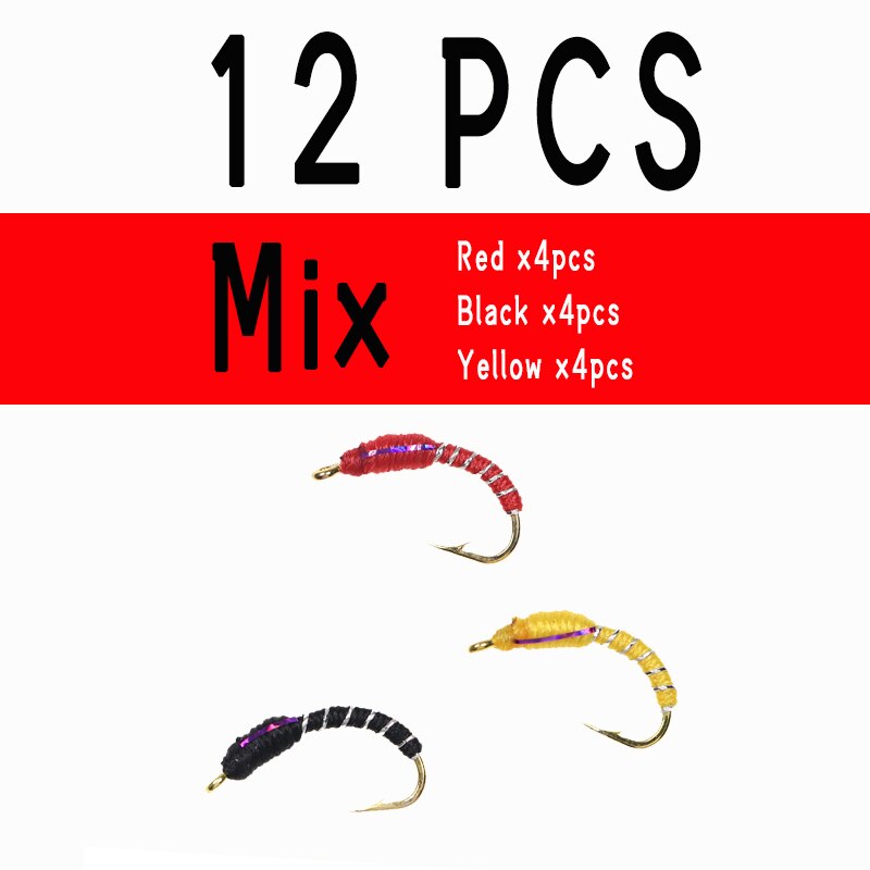 Kylebooker [12 uds] 12 # Caddis Larva Chironomid Midge Pupa zumbador cebra ninfa trucha moscas anzuelo de pesca con mosca negro rojo naranja