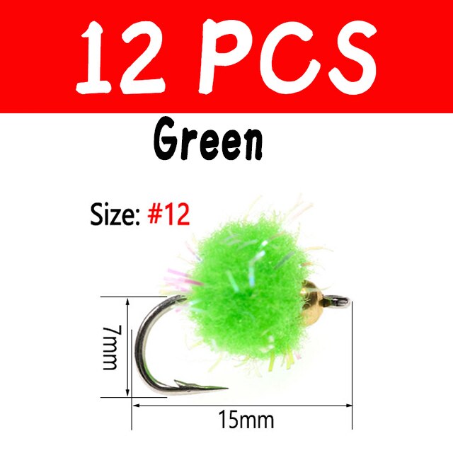 Kylebooker 12pcs Brass Beadhead Trout Egg Fly Crystal glo Ball Bug Fishing Egg Flies Salmon Trout Fly Lures Fishing Lures Tackle