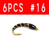 Kylebooker 6PCS #16 Golden Hook Ninfa Mosche Bead Head Buzzers Esche da pesca a mosca