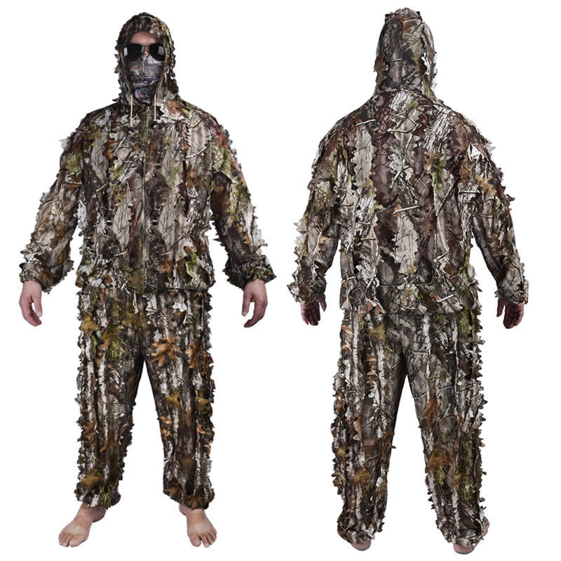 Traje Ghillie, trajes de caza de camuflaje, ropa de camuflaje realista con hojas 3D para exteriores, traje ligero y transpirable con capucha