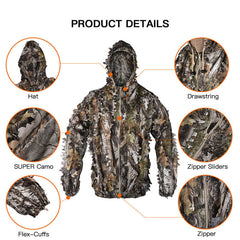 Ghillie – combinaison de chasse de Camouflage, vêtements d'extérieur à feuilles 3D réalistes, vêtements légers et respirants à capuche